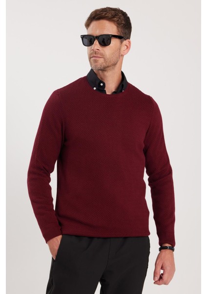 Erkek Standart Fit Normal Kesim Bisiklet Yaka Petek Desenli Koyu Bordo Triko Kazak fiyatları