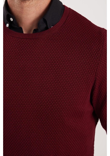 Erkek Standart Fit Normal Kesim Bisiklet Yaka Petek Desenli Koyu Bordo Triko Kazak modelleri