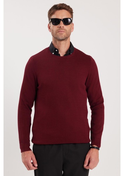 Erkek Standart Fit Normal Kesim Bisiklet Yaka Petek Desenli Koyu Bordo Triko Kazak fırsatları