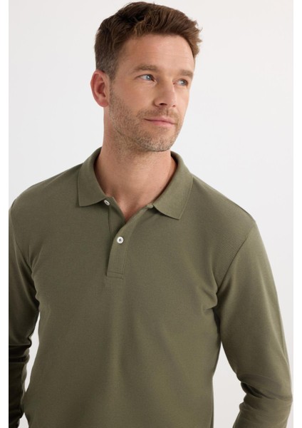 Erkek Standart Fit Rahat Kesim Pamuklu Yumuşak Dokulu Düz Pike Uzun Kollu Haki Polo Yaka Tişört fiyatları