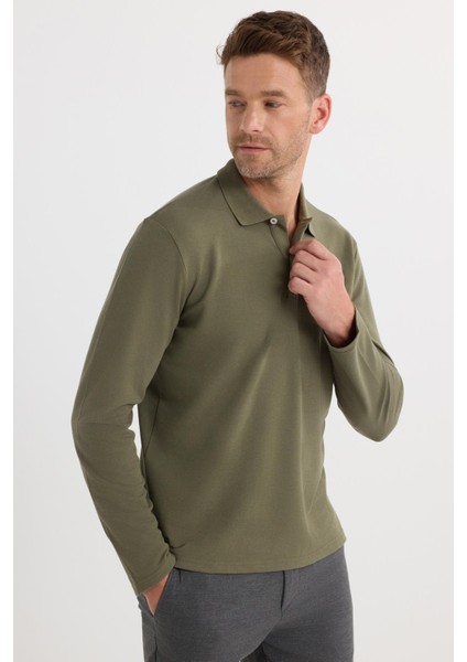 Erkek Standart Fit Rahat Kesim Pamuklu Yumuşak Dokulu Düz Pike Uzun Kollu Haki Polo Yaka Tişört modelleri