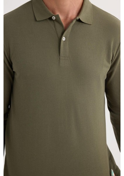 Erkek Standart Fit Rahat Kesim Pamuklu Yumuşak Dokulu Düz Pike Uzun Kollu Haki Polo Yaka Tişört fırsatları