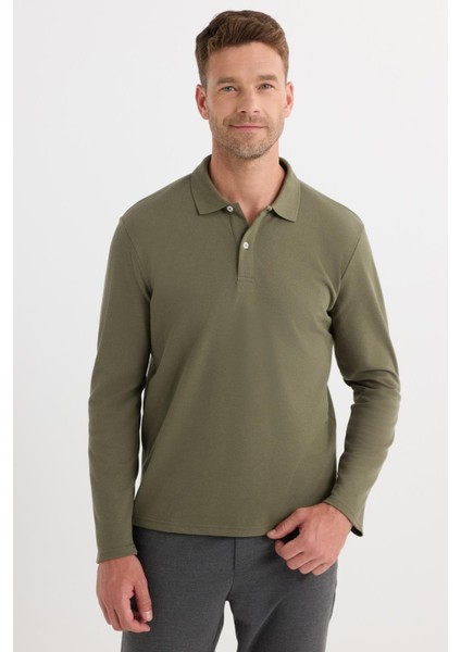 Erkek Standart Fit Rahat Kesim Pamuklu Yumuşak Dokulu Düz Pike Uzun Kollu Haki Polo Yaka Tişört indirimleri