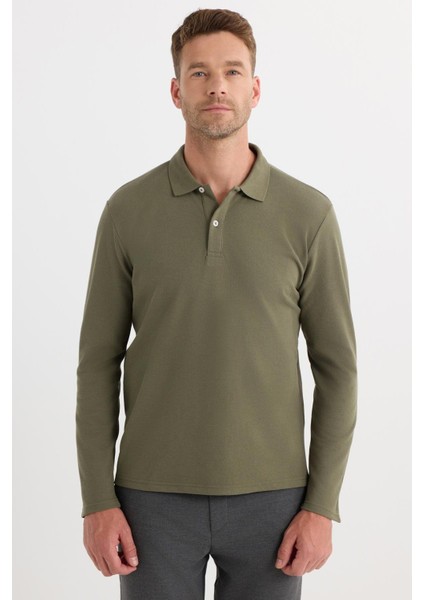 Erkek Standart Fit Rahat Kesim Pamuklu Yumuşak Dokulu Düz Pike Uzun Kollu Haki Polo Yaka Tişört