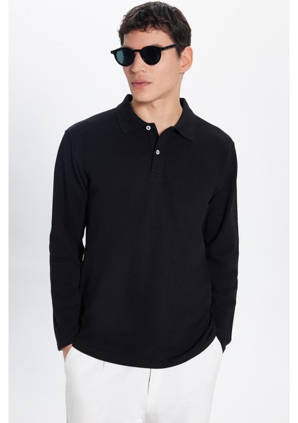 Erkek Standart Fit Rahat Kesim Pamuklu Yumuşak Dokulu Düz Pike Uzun Kollu Siyah Polo Yaka Tişört fiyatları