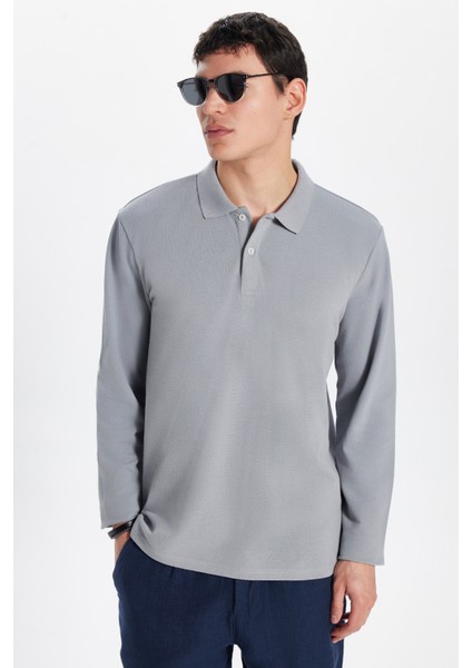 Erkek Standart Fit Rahat Kesim Pamuklu Yumuşak Dokulu Düz Pike Uzun Kollu Gri Polo Yaka Tişört fırsatları
