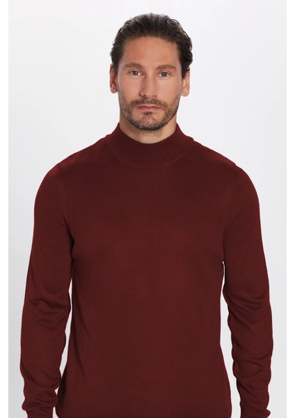 Erkek Slim Fit Dar Kesim Yarım Balıkçı Yaka Düz Bordo Triko Kazak modelleri