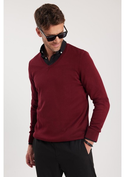 Erkek Standart Fit Normal Kesim V Yaka Pamuklu Bordo Triko Kazak fiyatları