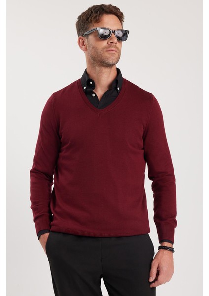 Erkek Standart Fit Normal Kesim V Yaka Pamuklu Bordo Triko Kazak fırsatları