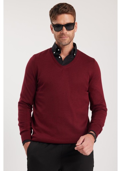 Erkek Standart Fit Normal Kesim V Yaka Pamuklu Bordo Triko Kazak indirimleri