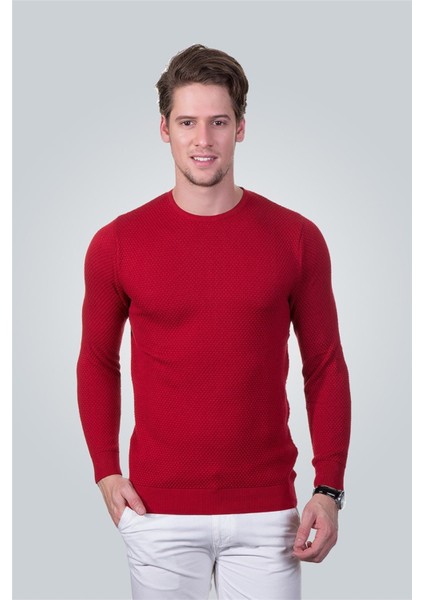 Erkek Standart Fit Normal Kesim Bisiklet Yaka Petek Desenli Kırmızı Triko Kazak fiyatları