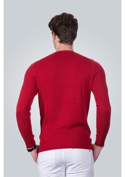 Erkek Standart Fit Normal Kesim Bisiklet Yaka Petek Desenli Kırmızı Triko Kazak modelleri