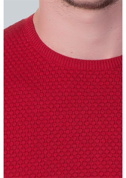 Erkek Standart Fit Normal Kesim Bisiklet Yaka Petek Desenli Kırmızı Triko Kazak fırsatları