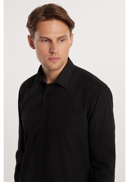 Modern Slim Fit Uzun Kollu Pamuklu Kolay Ütü Erkek Siyah Gömlek