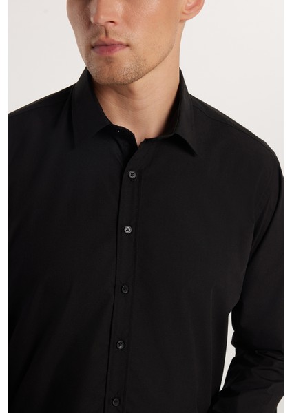 Modern Slim Fit Uzun Kollu Pamuklu Kolay Ütü Erkek Siyah Gömlek fiyatları