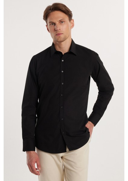 Modern Slim Fit Uzun Kollu Pamuklu Kolay Ütü Erkek Siyah Gömlek modelleri
