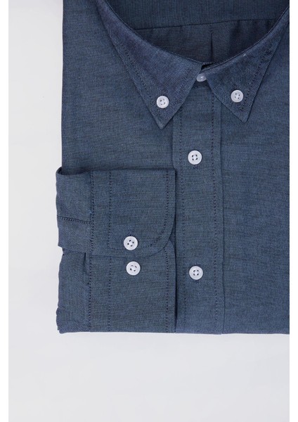 Büyük Beden Uzun Kollu Oxford Doku Yaka Düğmeli Cepli Nakışlı Mavi Erkek Gömlek fiyatları