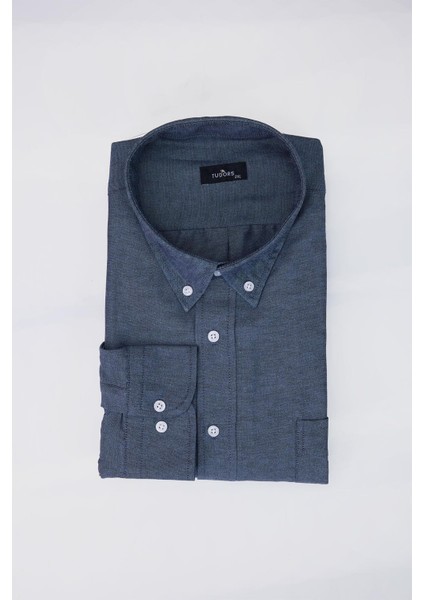 Büyük Beden Uzun Kollu Oxford Doku Yaka Düğmeli Cepli Nakışlı Mavi Erkek Gömlek modelleri