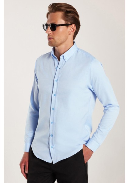 Erkek Slim Fit Dar Kesim Uzun Kollu Pamuklu Oxford Doku Kolay Ütü Mavi Düğmeli Yaka Gömlek fiyatları