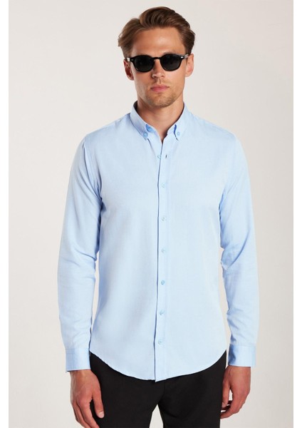 Erkek Slim Fit Dar Kesim Uzun Kollu Pamuklu Oxford Doku Kolay Ütü Mavi Düğmeli Yaka Gömlek fırsatları