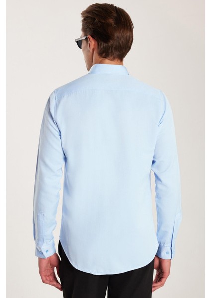 Erkek Slim Fit Dar Kesim Uzun Kollu Pamuklu Oxford Doku Kolay Ütü Mavi Düğmeli Yaka Gömlek indirimleri