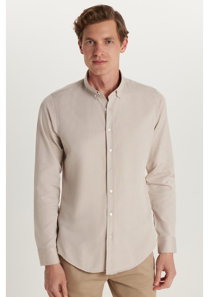 Erkek Slim Fit Dar Kesim Uzun Kollu Pamuklu Oxford Doku Kolay Ütü Taş Renk Düğmeli Yaka Gömlek modelleri