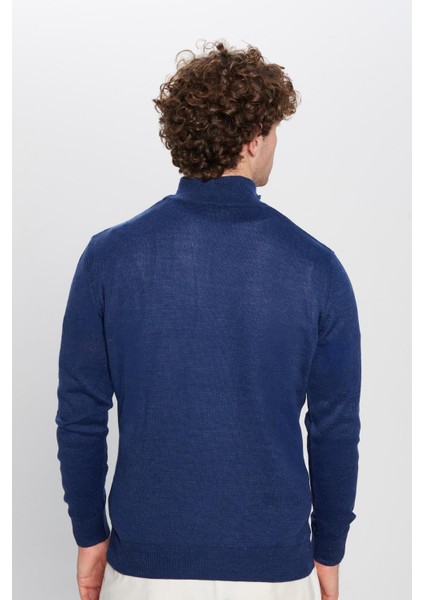 Erkek Klasik Fit Normal Kesim Yünlü Fermuarlı Saks Mavi Dik Yaka Triko Kazak indirimleri