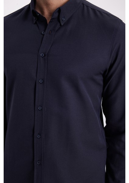 Erkek Slim Fit Dar Kesim Uzun Kollu Pamuklu Oxford Doku Kolay Ütü Lacivert Düğmeli Yaka Gömlek fiyatları