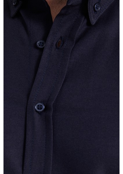 Erkek Slim Fit Dar Kesim Uzun Kollu Pamuklu Oxford Doku Kolay Ütü Lacivert Düğmeli Yaka Gömlek indirimleri
