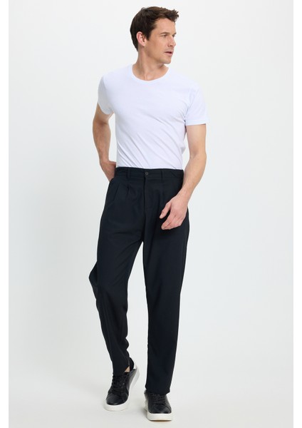 Erkek Regular Fit Çift Pileli Beli Lastikli Rahat Kesim Bol Paça Baggy Lacivert Pantolon