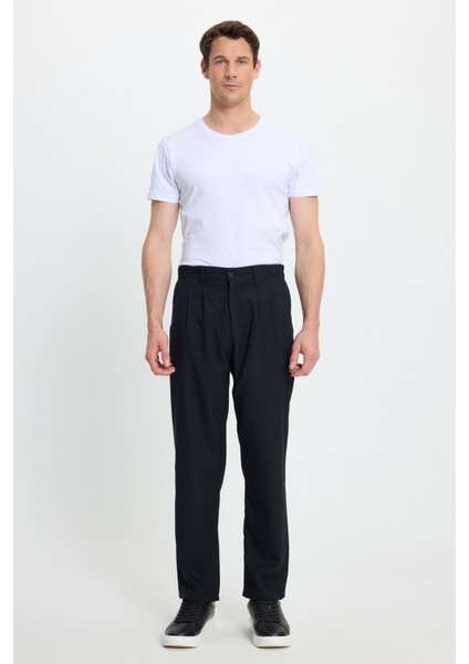 Erkek Regular Fit Çift Pileli Beli Lastikli Rahat Kesim Bol Paça Baggy Lacivert Pantolon modelleri