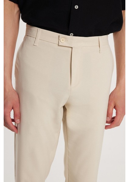Erkek Slim Fit Dar Kesim Esnek Yan Cepli Bilek Boy Canvas Kesim Koyu Bej Pantolon