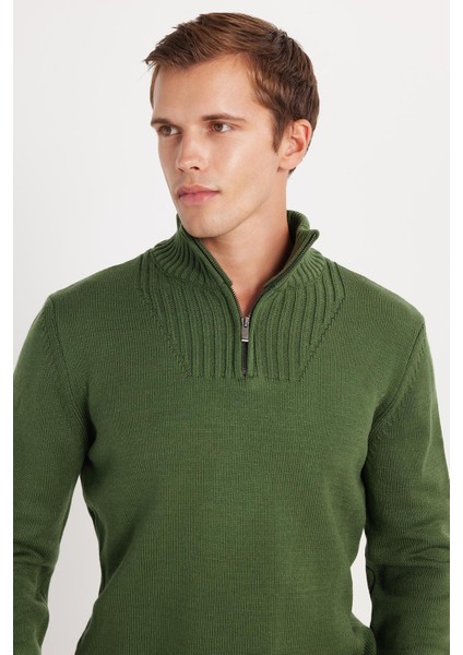 Erkek Slim Fit Dar Kesim Armürlü Fermuarlı Yeşil Dik Yaka Kazak fiyatları