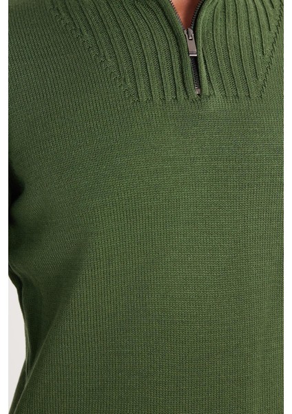 Erkek Slim Fit Dar Kesim Armürlü Fermuarlı Yeşil Dik Yaka Kazak modelleri