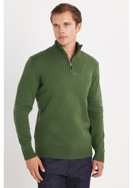 Erkek Slim Fit Dar Kesim Armürlü Fermuarlı Yeşil Dik Yaka Kazak fırsatları