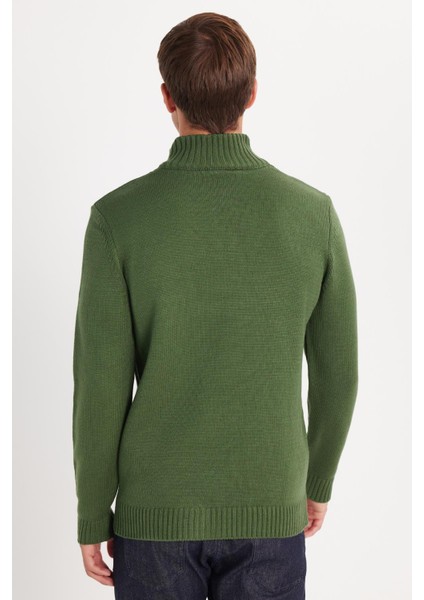Erkek Slim Fit Dar Kesim Armürlü Fermuarlı Yeşil Dik Yaka Kazak indirimleri