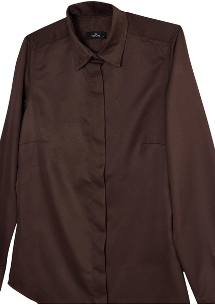 Kadın Slim Fit Dar Kesim Vucüda Oturan Uzun Kollu Gizli Düğme Detaylı Kahverengi Basic Gömlek fiyatları