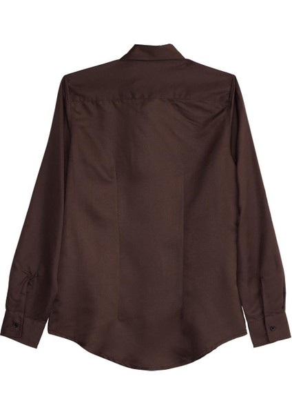 Kadın Slim Fit Dar Kesim Vucüda Oturan Uzun Kollu Gizli Düğme Detaylı Kahverengi Basic Gömlek modelleri