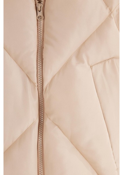 Kadın Oversize Geniş Kesim Şişme Dik Yaka Bej Mont