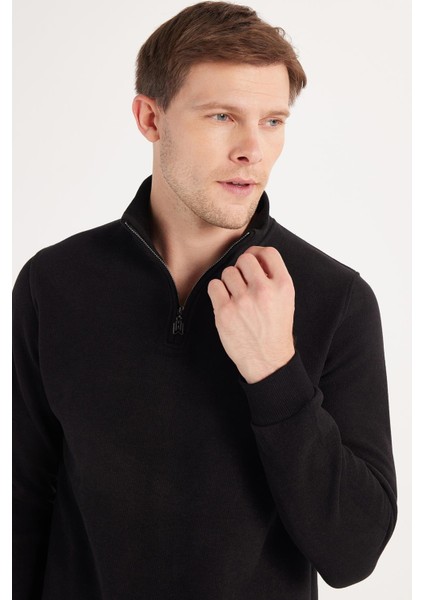Erkek Slim Fit Dar Kesim Pamuklu Selanik Kumaş Yarım Fermuarlı Siyah Dik Yaka Sweatshirt fiyatları