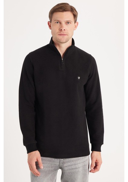 Erkek Slim Fit Dar Kesim Pamuklu Selanik Kumaş Yarım Fermuarlı Siyah Dik Yaka Sweatshirt fırsatları