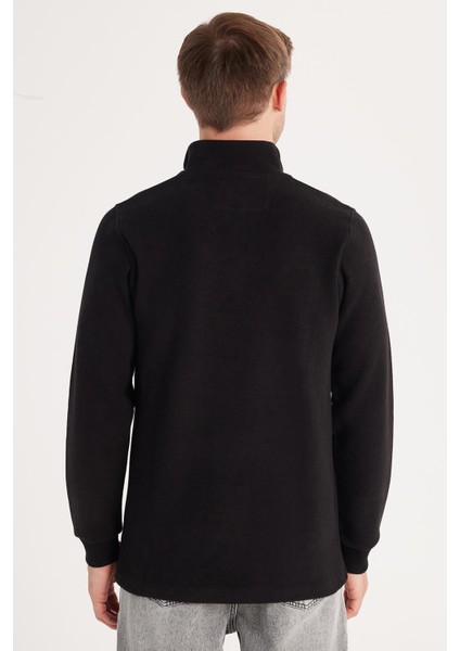 Erkek Slim Fit Dar Kesim Pamuklu Selanik Kumaş Yarım Fermuarlı Siyah Dik Yaka Sweatshirt indirimleri