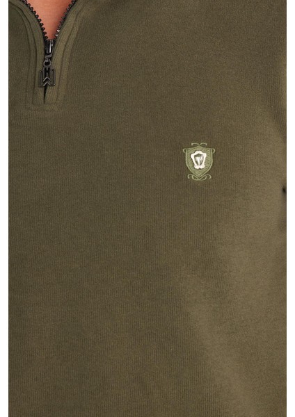 Erkek Slim Fit Dar Kesim Pamuklu Selanik Kumaş Yarım Fermuarlı Haki Dik Yaka Sweatshirt modelleri