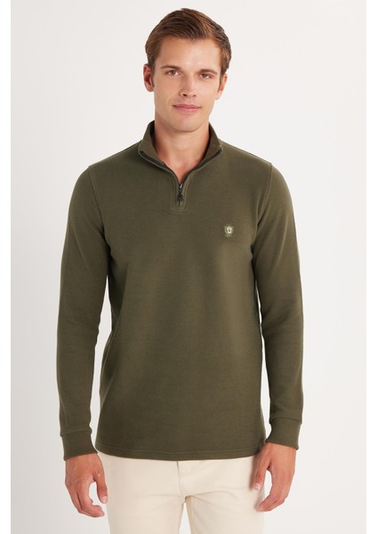 Erkek Slim Fit Dar Kesim Pamuklu Selanik Kumaş Yarım Fermuarlı Haki Dik Yaka Sweatshirt fırsatları