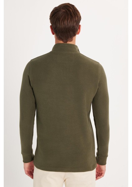 Erkek Slim Fit Dar Kesim Pamuklu Selanik Kumaş Yarım Fermuarlı Haki Dik Yaka Sweatshirt indirimleri