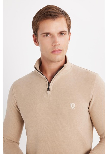 Erkek Slim Fit Dar Kesim Pamuklu Yarım Fermuarlı Taş Dik Yaka Sweatshirt fiyatları