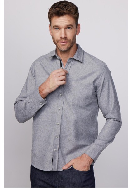 Klasik Fit Uzun Kollu Armürlü Spor Yaka Düz Kışlık Oduncu Erkek Gri Gömlek modelleri