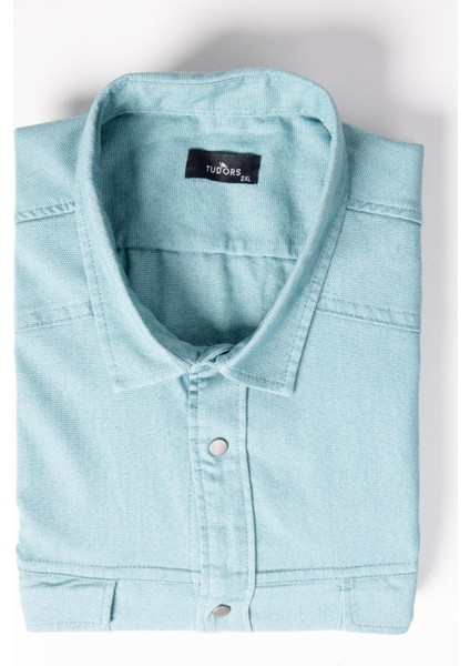 Büyük Beden Uzun Kollu Yıkamalı Çift Cepli Armürlü Denim Kot Mint Erkek Gömlek fiyatları