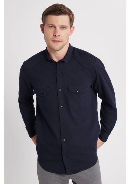 Erkek Regular Fit Rahat Kesim Çift Cepli Spor Yaka Denim Lacivert Gömlek fiyatları