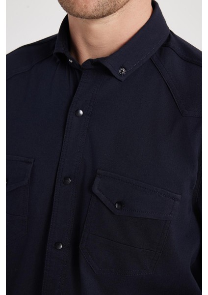 Erkek Regular Fit Rahat Kesim Çift Cepli Spor Yaka Denim Lacivert Gömlek modelleri